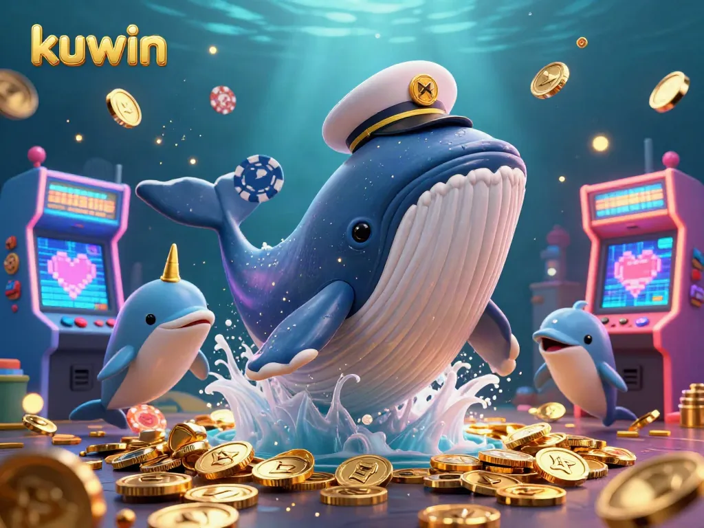 Kuwin casino adventure scene featuring a cartoon whale, narwhal, and dolphins playing poker.