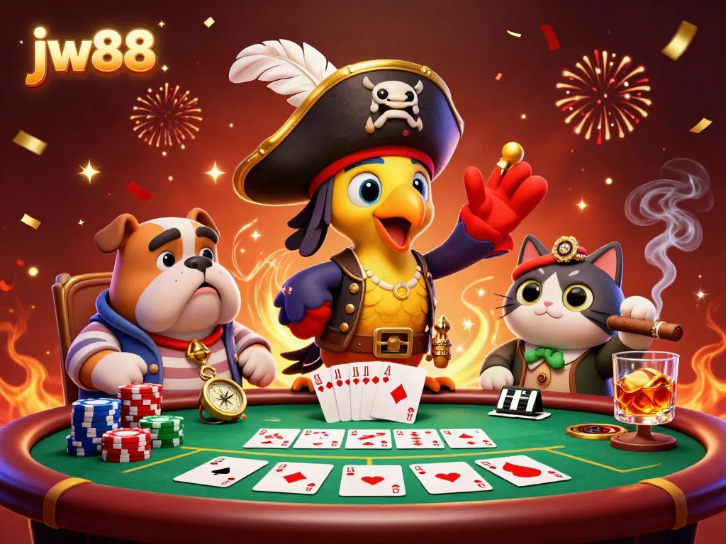 Experience exciting gaming action at JW88 with a lively 3D pirate scene filled with poker excitement.