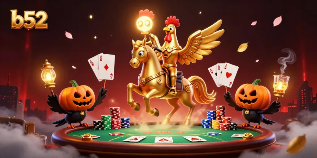 Engage playfully at the B52 casino with a golden rooster headless horseman illustration, packed with gaming elements.