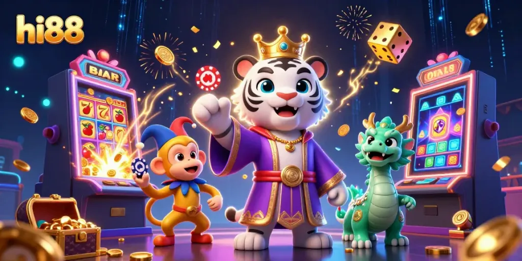 Experience high-stakes excitement with hi88's dynamic casino scene featuring playful characters and striking game elements.