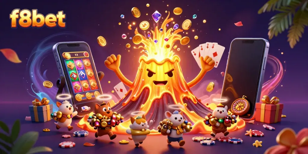 Spin to win at f8bet with a treasure-filled scene showcasing a golden volcano and exciting casino elements.