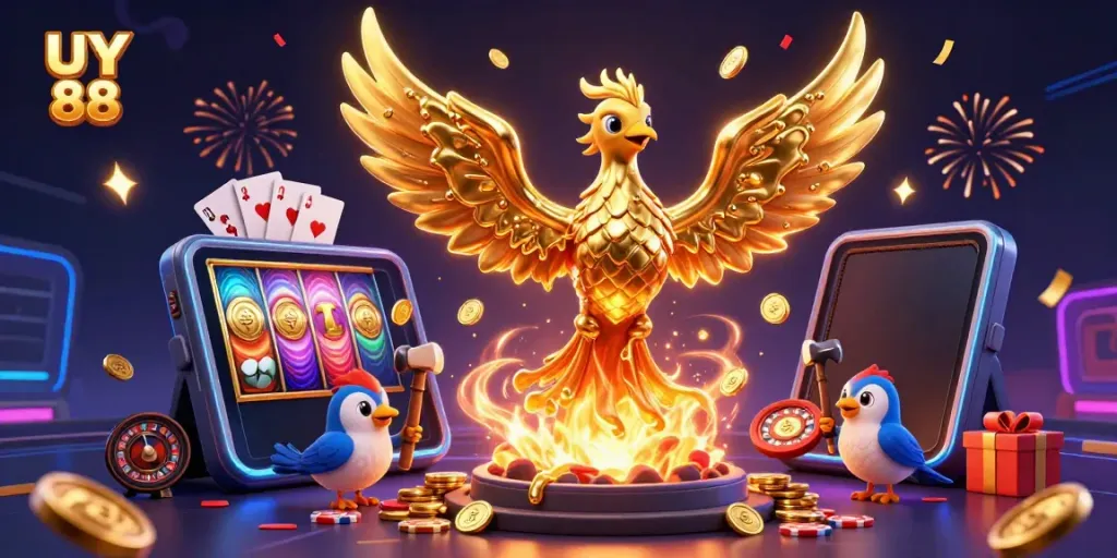 Experience the thrill of winning with UY 88's exciting casino illustration featuring dynamic gaming elements.