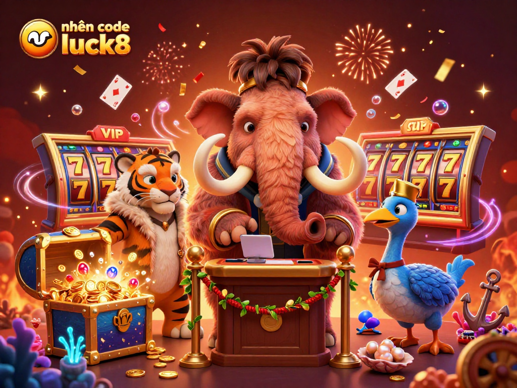 Win big with nhận code luck8, featuring a vibrant casino scene with a woolly mammoth bouncer and slot machines.