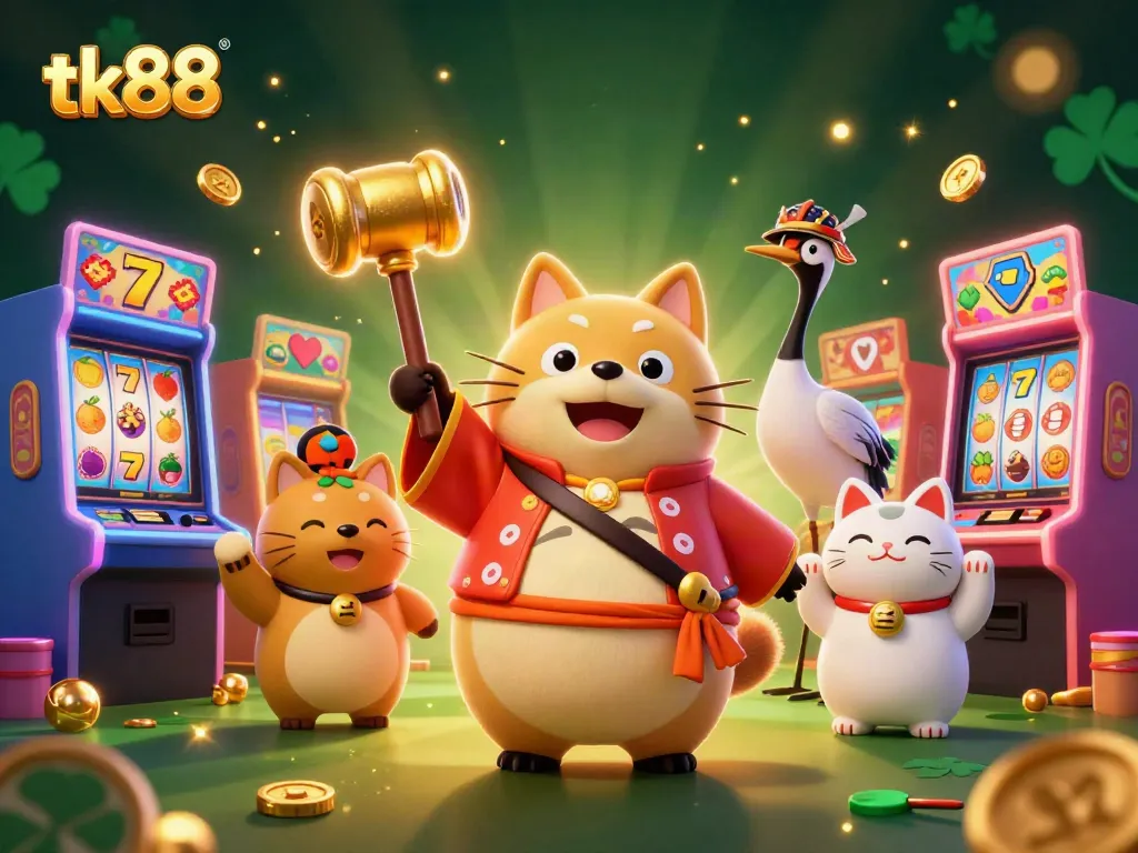 Experience the excitement of tk88 with a cheerful tanuki and lucky elements in a vibrant casino scene.