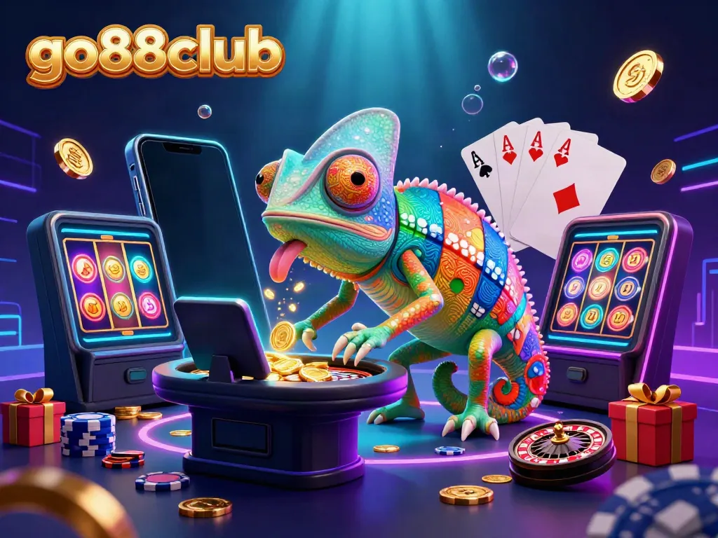 Win exciting rewards at go88club with a vibrant chameleon casino owner surrounded by games and coins.