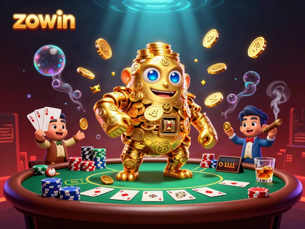 Zowin casino features a vibrant 3D golden golem surrounded by poker chips and cards, showcasing excitement in gaming.