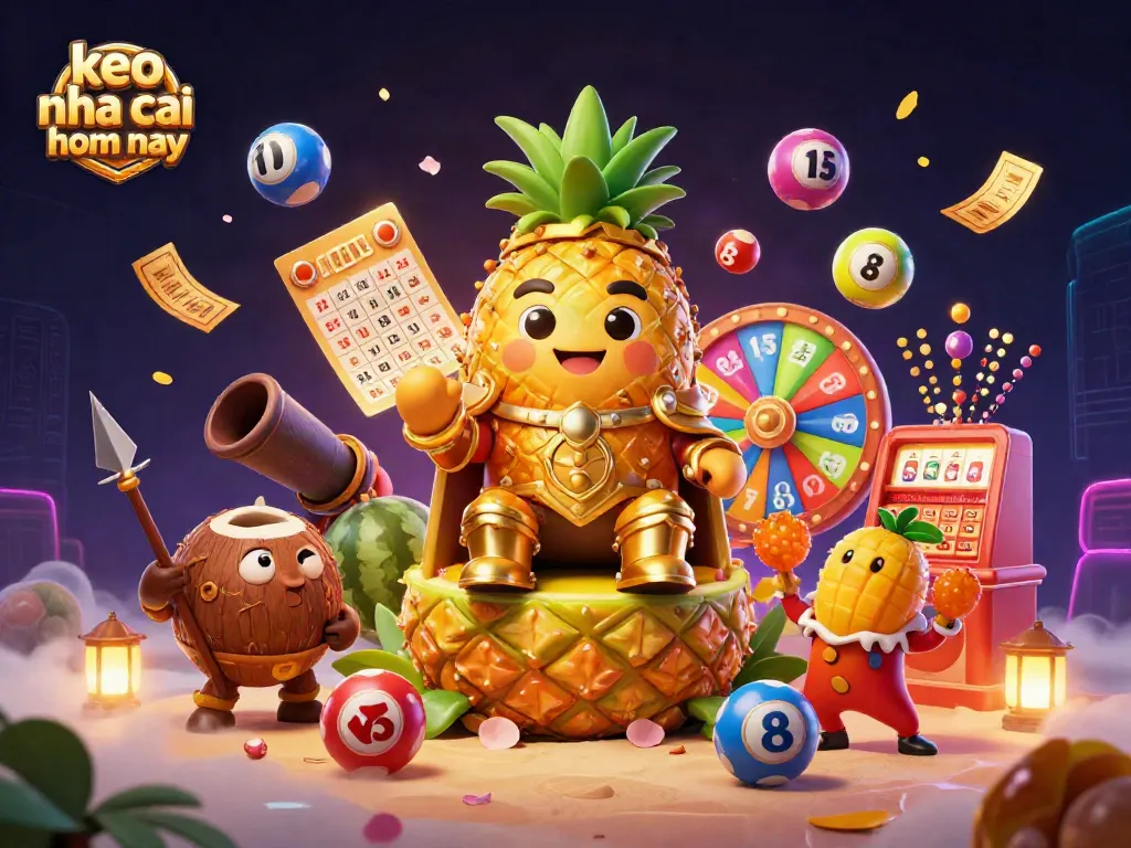 Engage in keo nha cai hom nay with a dynamic scene showcasing a golden pineapple king and colorful lottery elements.