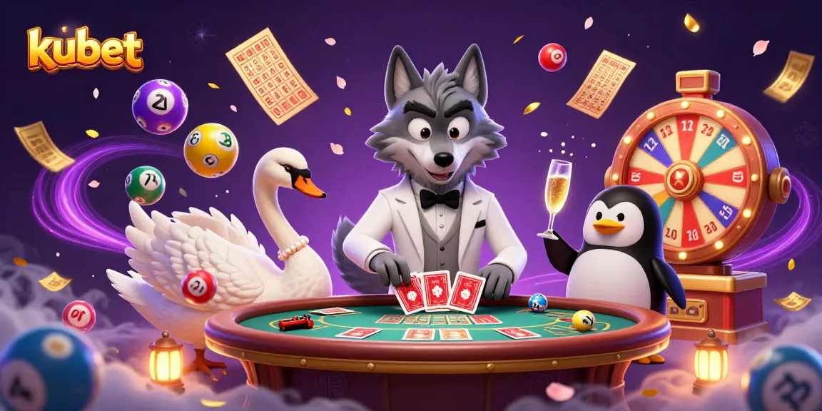 Kubet casino scene featuring a debonair wolf and elegant swan at a baccarat table, lively with lottery balls and prizes.