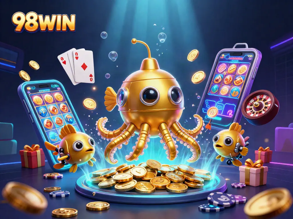 Win big with 98WIN in a vibrant 3D casino scene filled with golden treasures.