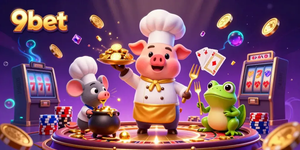 Experience the excitement of 9bet with a festive casino illustration featuring gold coins and lively characters.