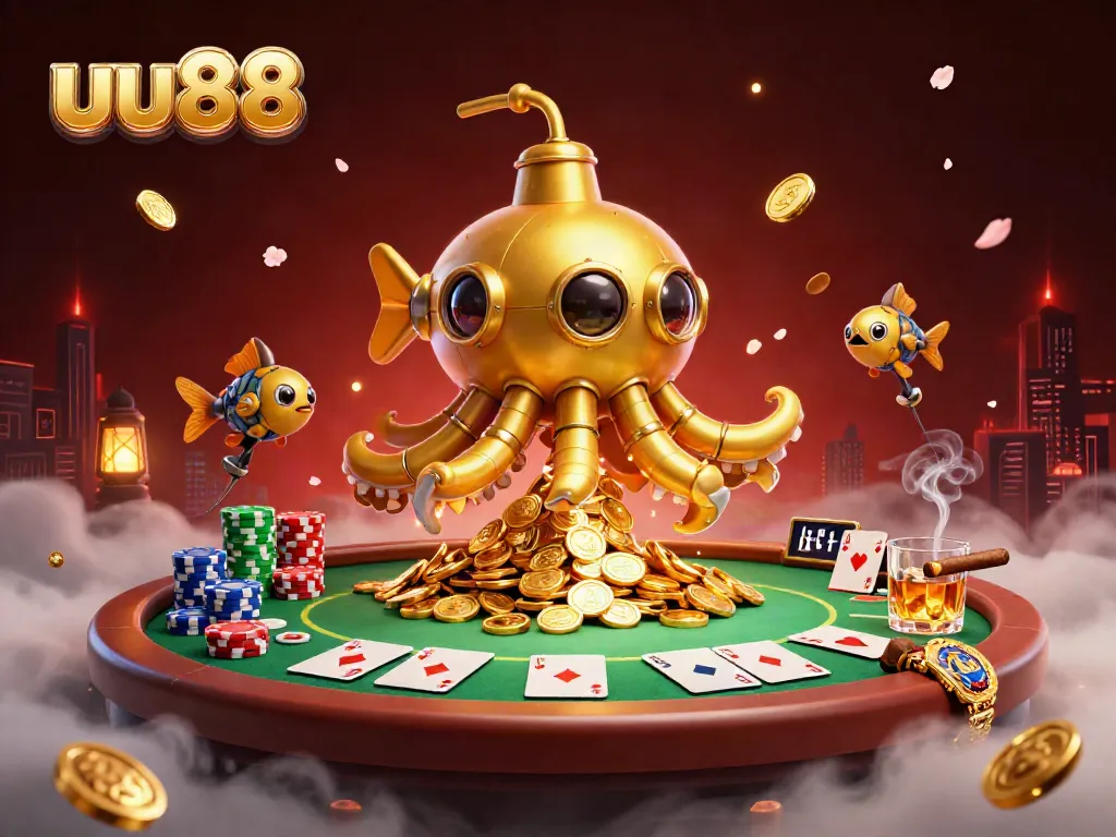 Experience gaming excitement with uu88 as the golden kraken submarine surfaces among poker chips and cards.