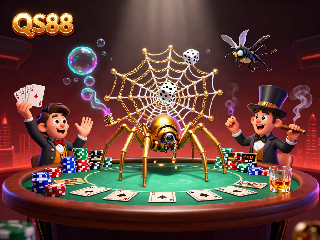 Engage with QS88: A stunning 3D scene where a golden spider weaves a chain web among poker chips and dice.