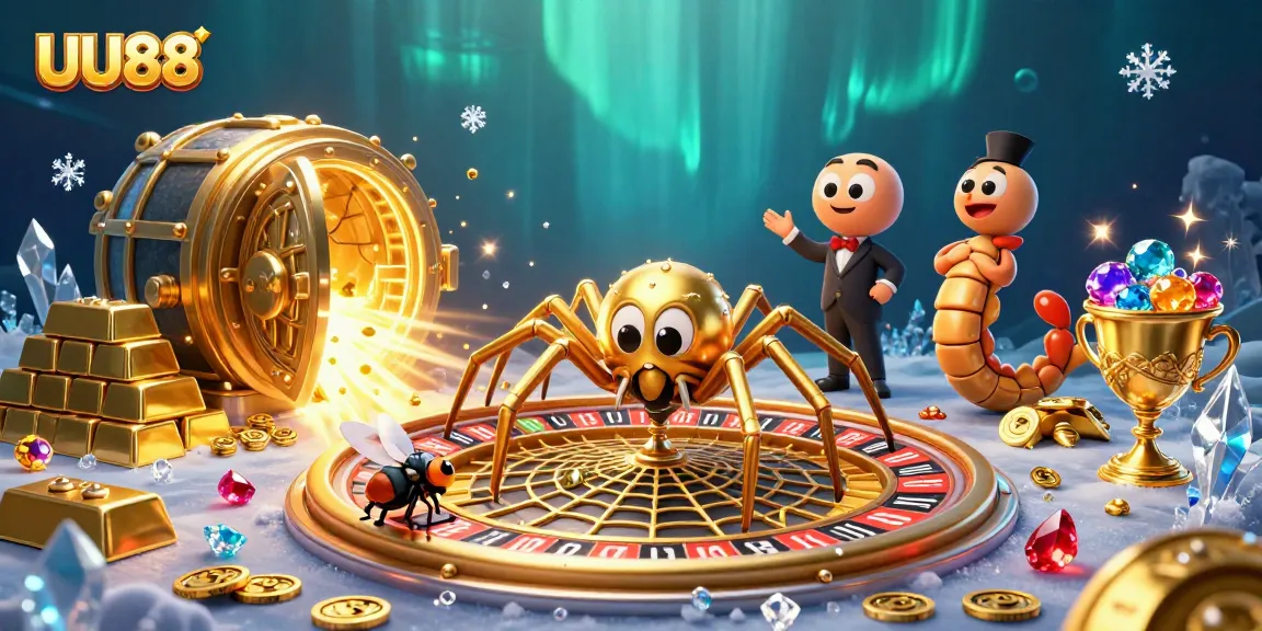 Experience thrilling bets at UU88 with a roulette wheel spun by a golden spider in a colorful casino scene.