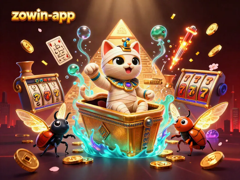 Experience the excitement of zowin-app with a vivid 3D rendering featuring a casino-themed mummy cat, jackpot elements, and vibrant gold coins.