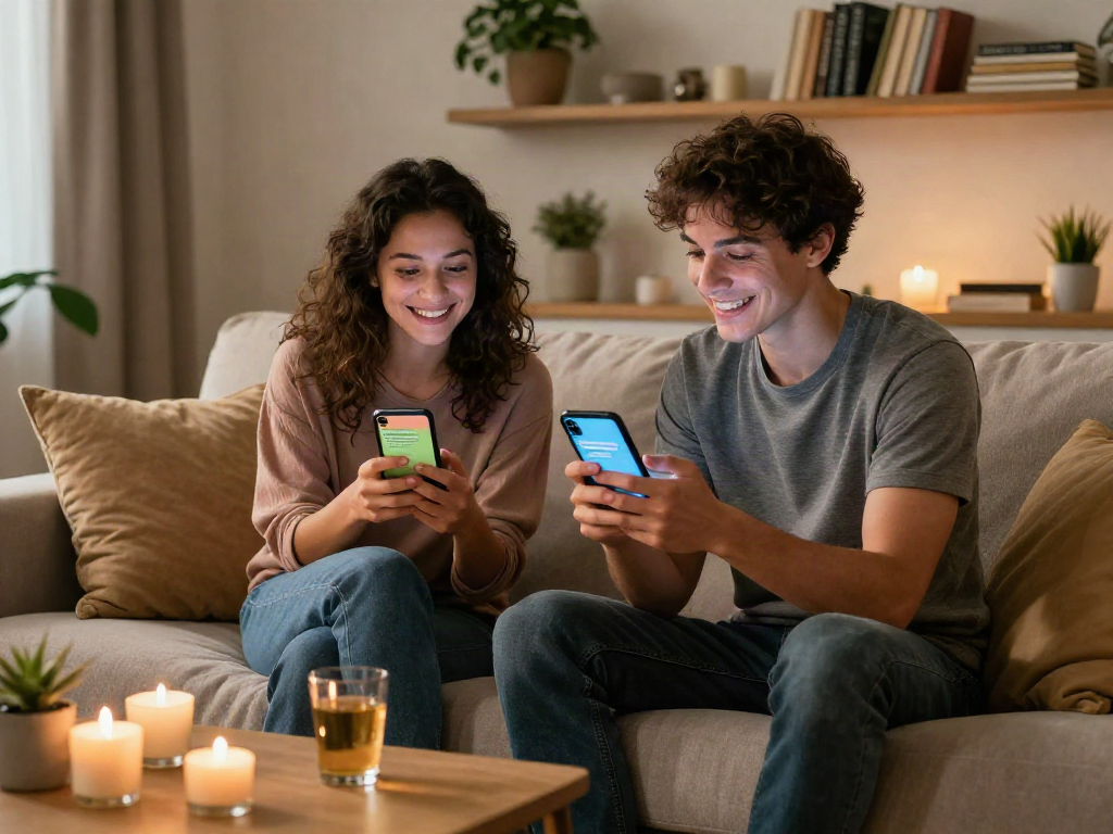 Engaging in sex chat while cozy at home, highlighting digital intimacy and connection.