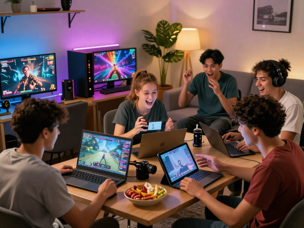 Enjoying online porn games on multiple devices in a cozy living room set up.
