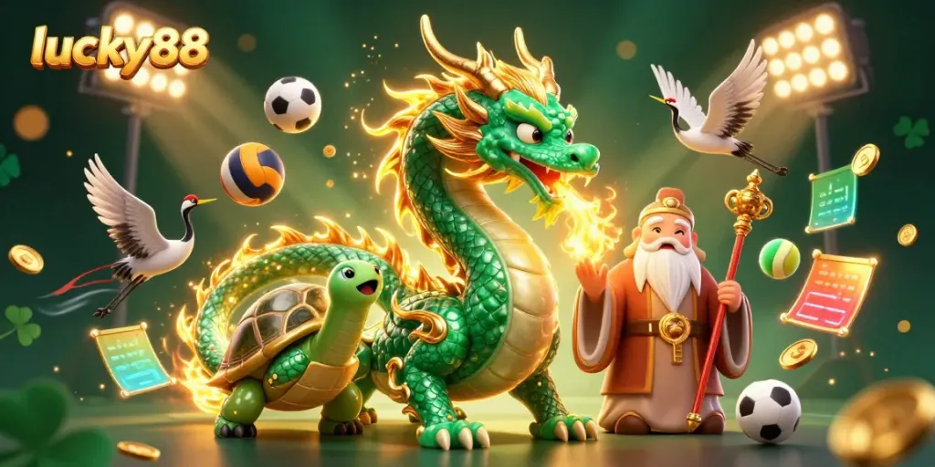 Experience the thrilling energy of lucky88 with dynamic sports balls and mythical creatures in this vibrant illustration.