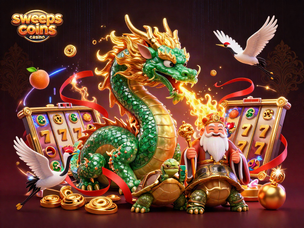 Engage with sweeps coins casino illustrated by a dragon, cosmic turtle, and lucky cranes amidst vivid gaming elements.