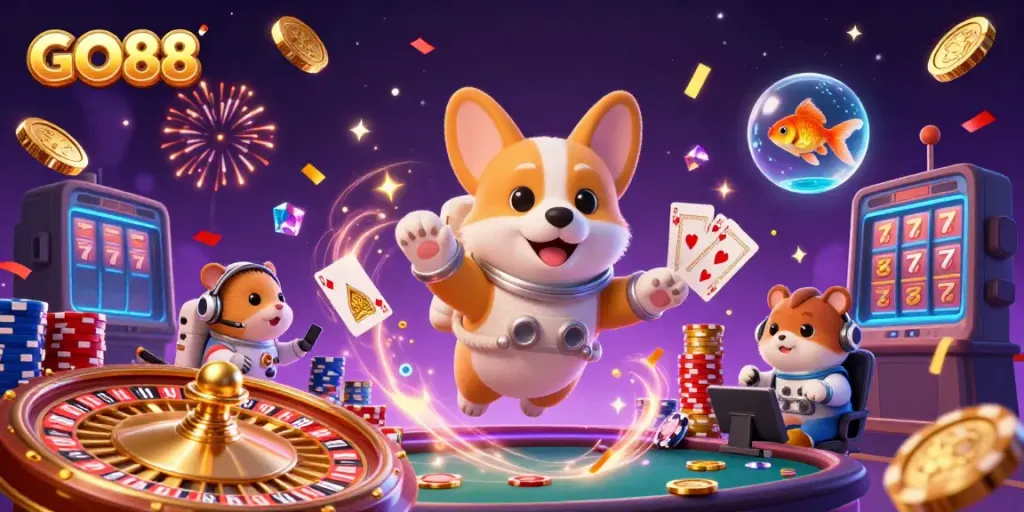 Experience vibrant gaming at GO88 with a floating corgi, hamster, and goldfish in a space-themed casino.