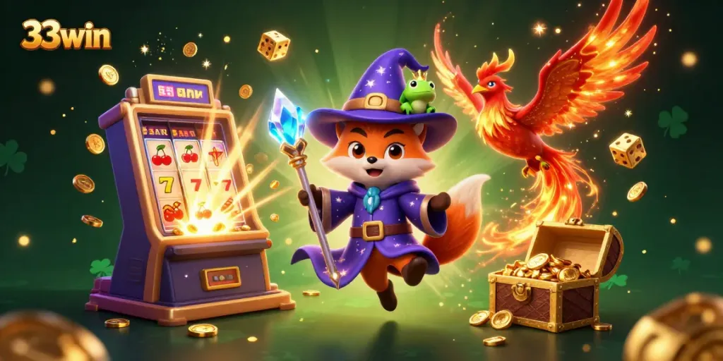 Win at 33win with a mystical fox wizard, phoenix, and vibrant casino elements.