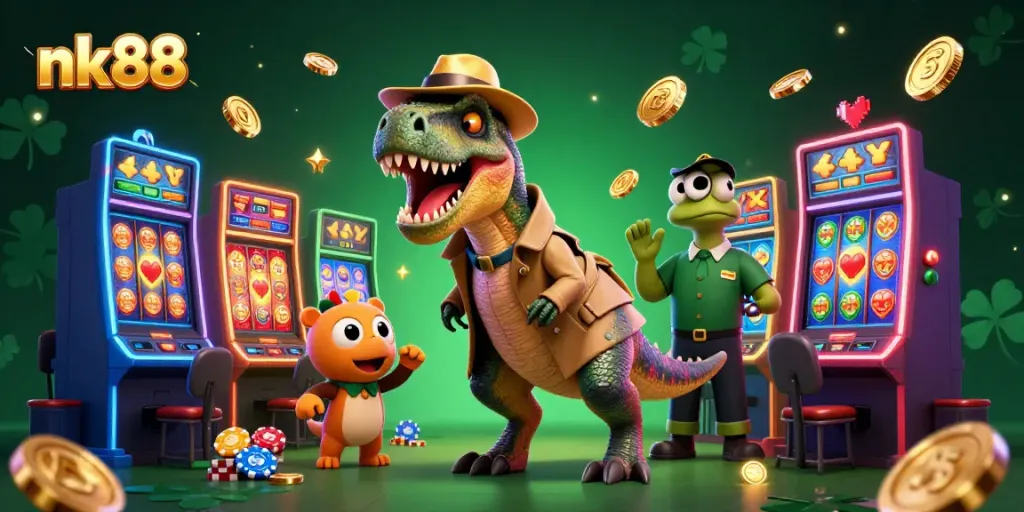 Experience high-stakes action at nk88 with a playful velociraptor gaming at a slot machine, showcasing lively casino elements.