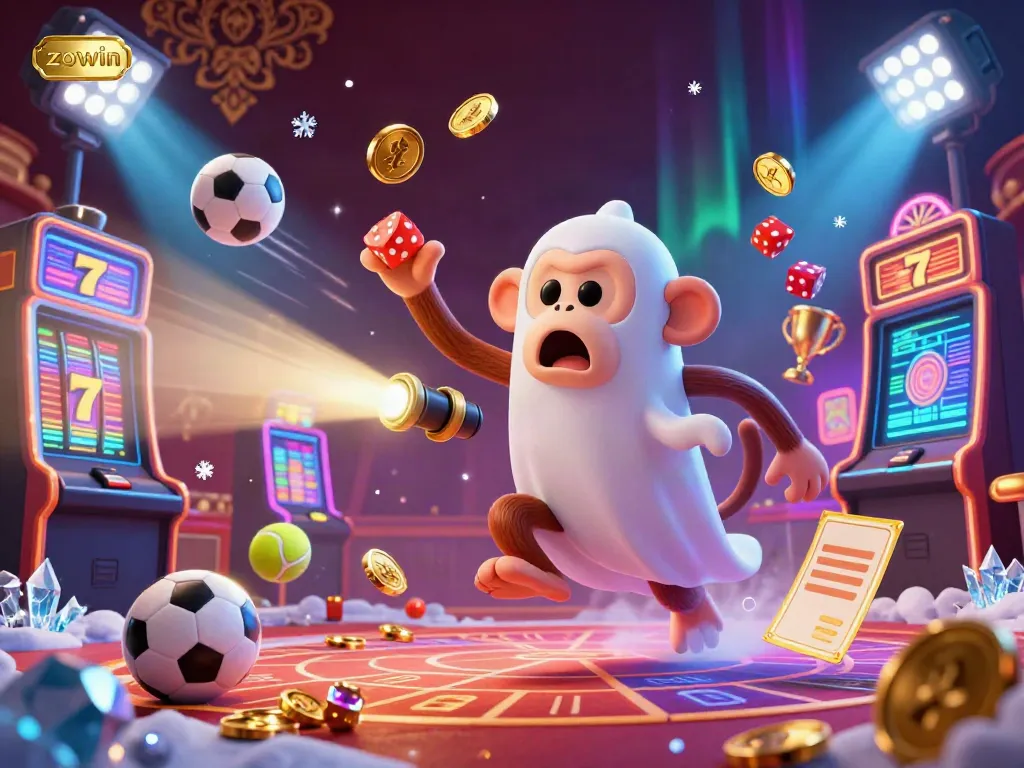 Zowin's exciting casino scene features a poltergeist monkey juggling golden coins, captivating across a vibrant gaming venue.