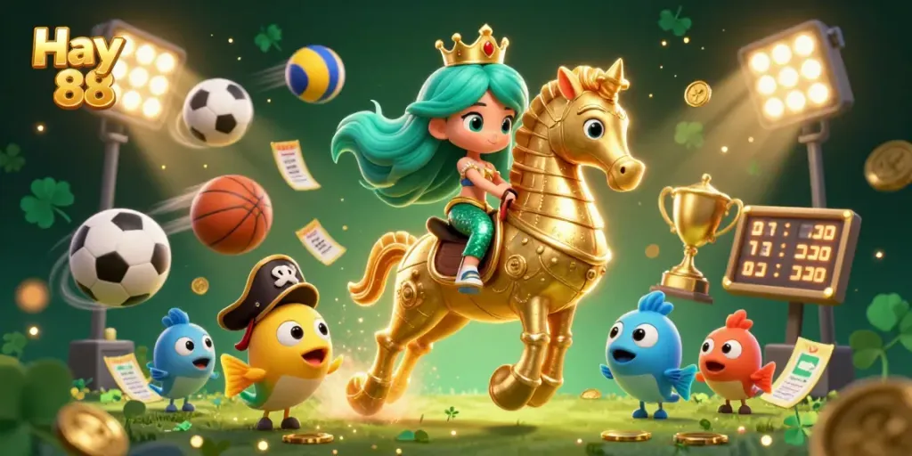 Experience the thrill of Hay 88 with vibrant 3D casino elements, featuring a mermaid princess, seahorse, and dynamic sports games.