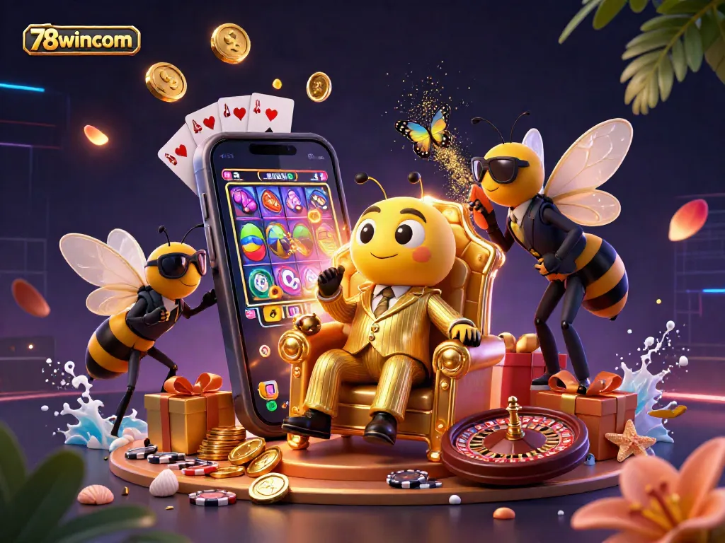Engage in thrilling gameplay at 78wincom with a vibrant 3D casino illustration showcasing exciting gaming elements.