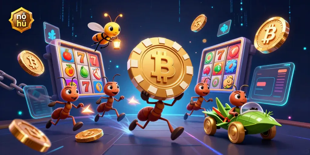 Engage in nổ hũ excitement with energetic ants heisting a golden poker chip.