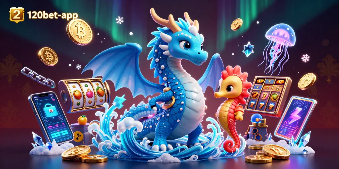 Engage in thrilling gameplay with the dynamic scene of 120bet-app featuring a dragon, seahorse, and vibrant casino elements.