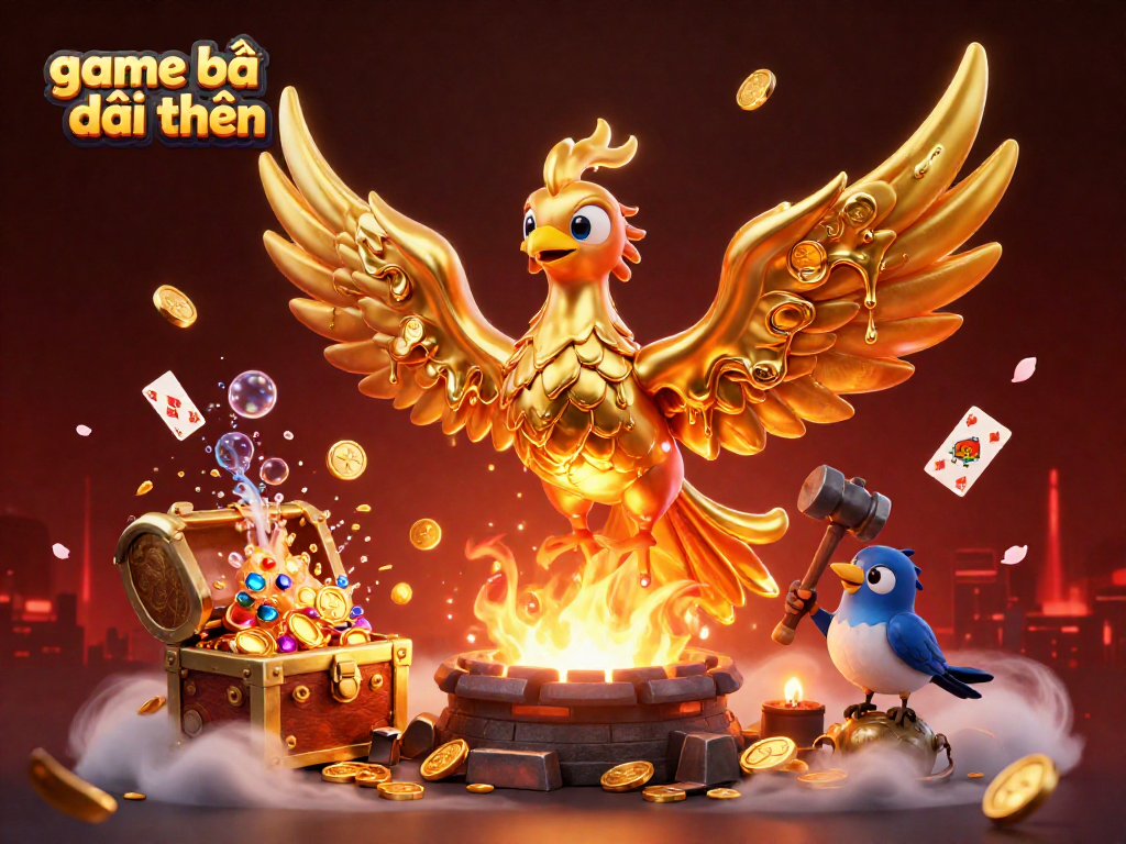 Join the excitement of game bài đổi thưởng with a vibrant 3D illustration featuring a golden phoenix and treasure elements.