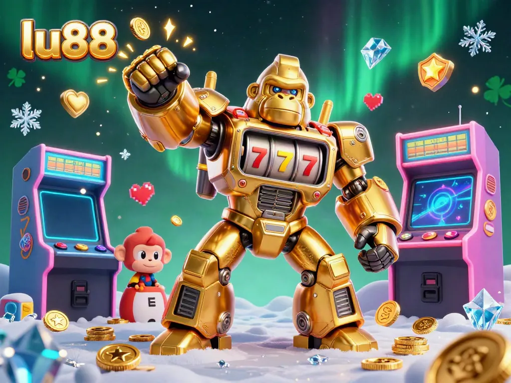 Experience thrilling slots gameplay with lu88's dynamic golden gorilla mech and vibrant arcade machines.