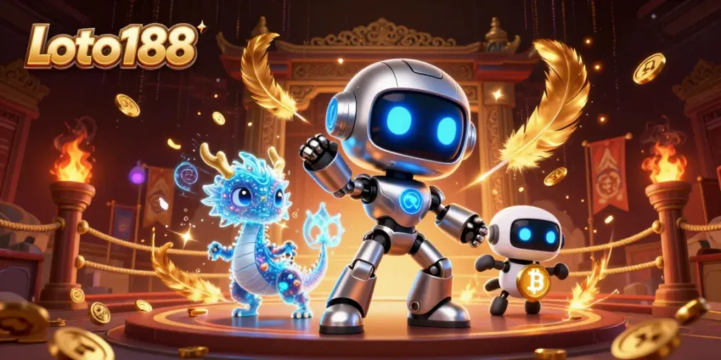 Experience excitement at Loto188 with a vibrant 3D illustration of a cyberpunk robot and digital companions.