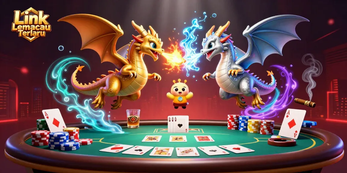 Experience the thrill of Link Lemacau Terbaru with a dynamic illustration showcasing a fiery dragon duel over a vibrant poker scene.