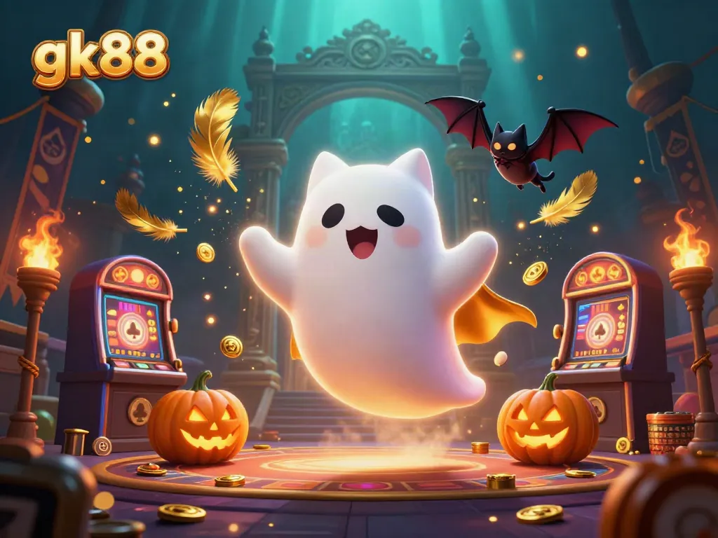 gk88 gaming scene featuring a ghost cat and vampire bat in a casino, dynamic action with symbols