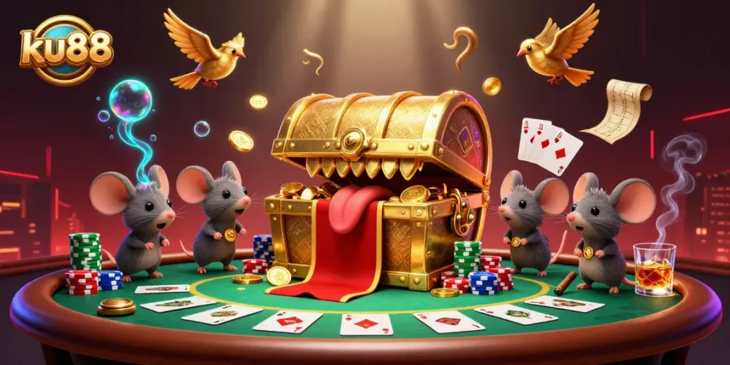 ku88 casino scene featuring a treasure chest luring adventurer mice amidst dynamic poker gameplay