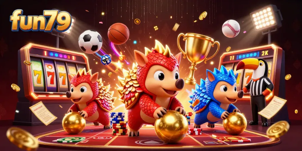 Experience thrilling gameplay with fun79 as rival pangolins roll through golden chips in this vibrant casino scene.