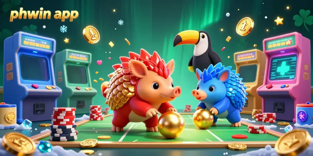 Witness the excitement of the PHWIN app with rival pangolins battling in a casino-inspired arcade!
