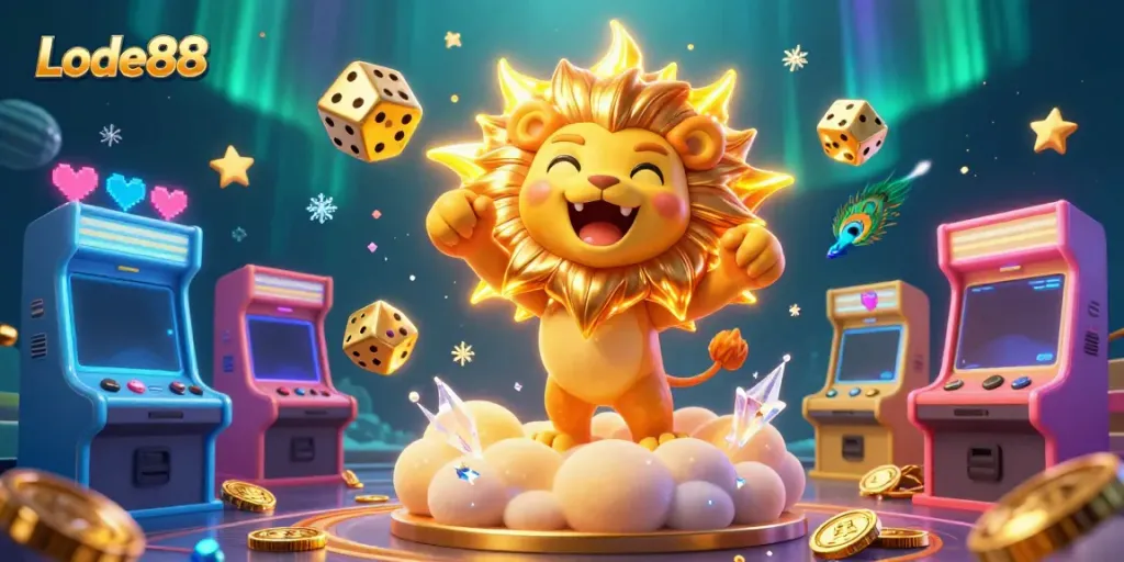 Experience the thrill of Lode88 with vibrant casino and gaming motifs in this dynamic 3D illustration