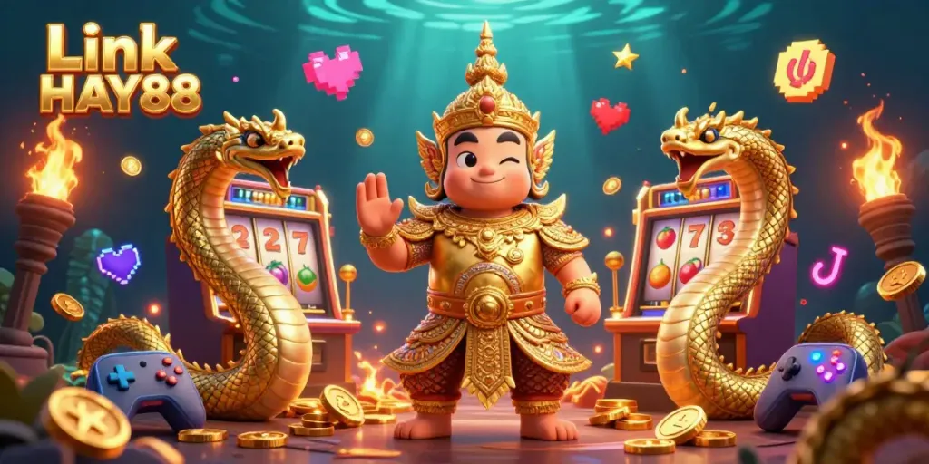 Engage with the vibrant world of Link HAY88 featuring colorful slot machines and a friendly Thai guardian.