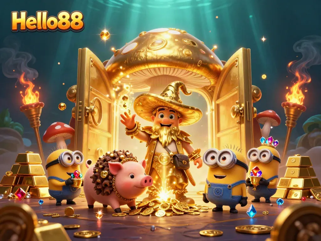 Engage with Hello88 in a vibrant, magical 3D scene featuring treasures and whimsical characters.