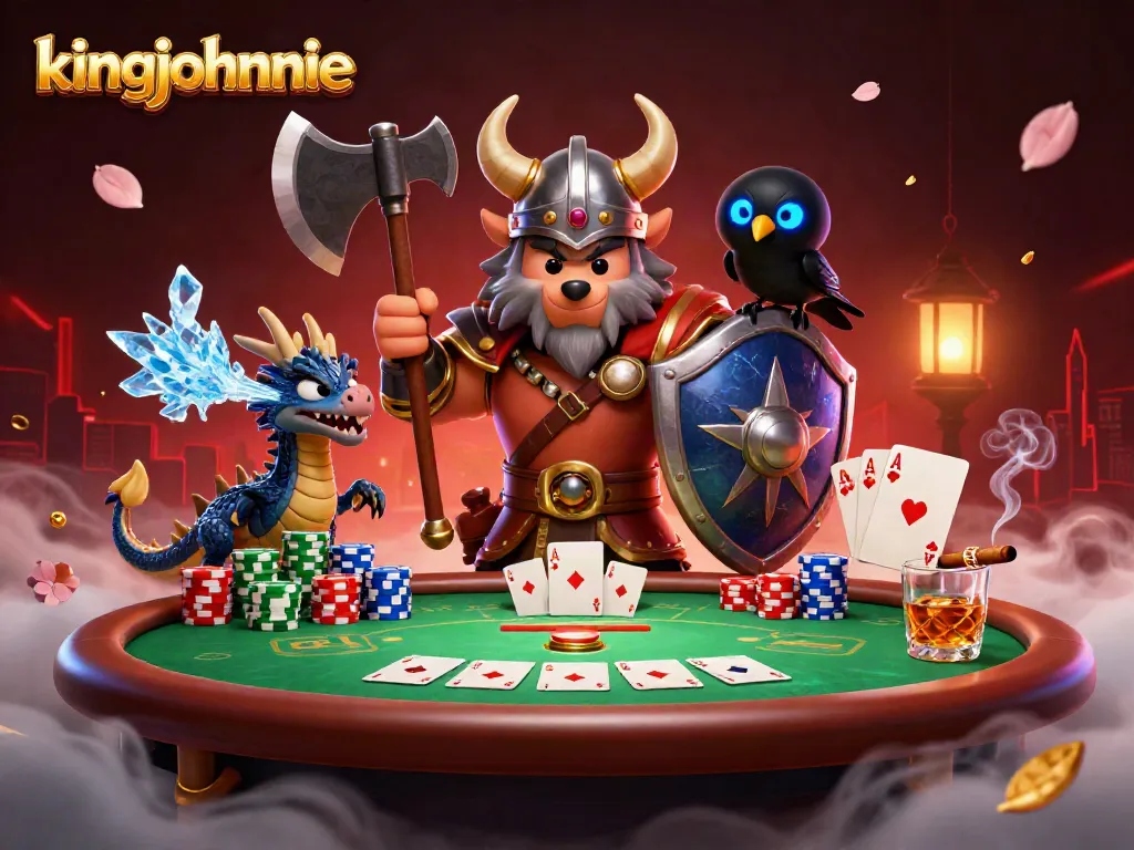 Win big with kingjohnnie as a Viking wolf warrior and dragon dominate a vibrant casino scene.