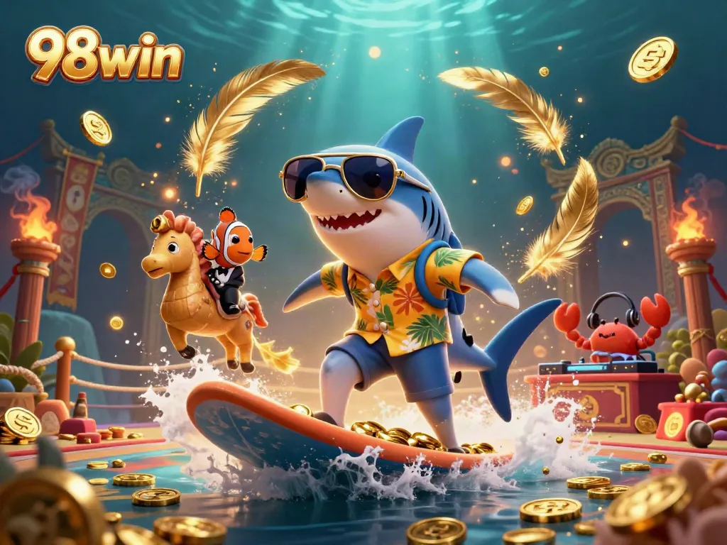 Engage in thrilling gaming adventures with 98win while encountering vibrant underwater characters and scenic casino elements.