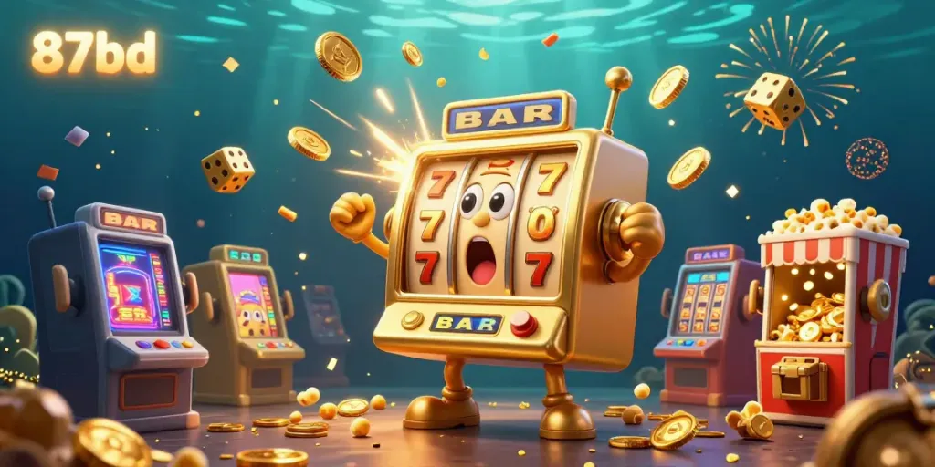 Experience the excitement of 87bd with a vibrant cartoon scene of a slot machine celebrating a jackpot.