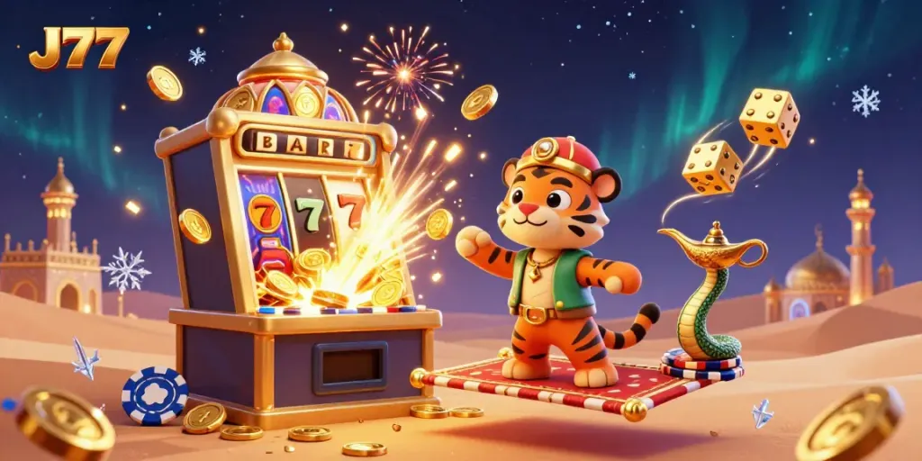 Experience thrilling gameplay with J77, featuring vibrant casino elements and a magical Arabian Nights theme.
