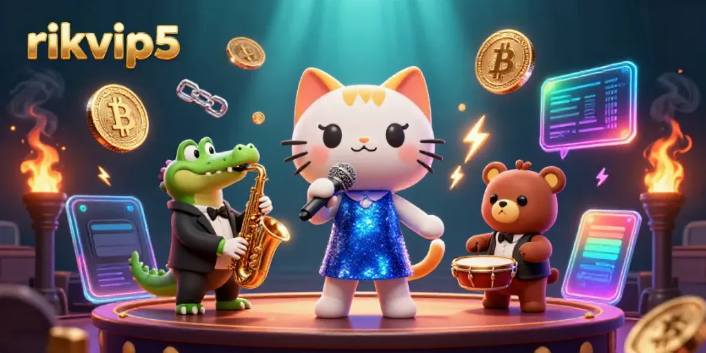 Experience vibrant gaming action with rikvip5 showcasing 3D illustrated characters and crypto elements.