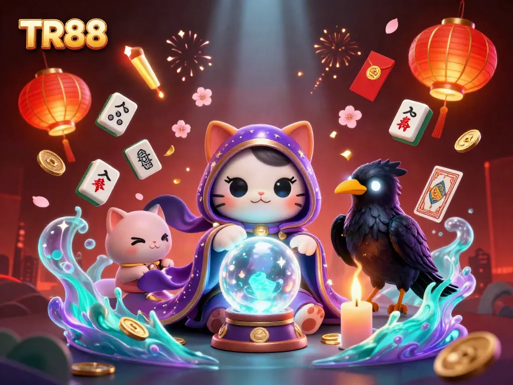 Experience the magic of TR88 with vibrant characters and rich casino elements in this captivating illustration.