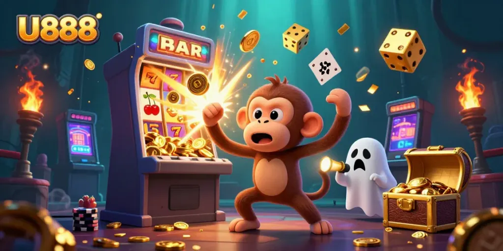 The U888 scene captures a lively casino atmosphere with a mischievous poltergeist monkey juggling golden objects.